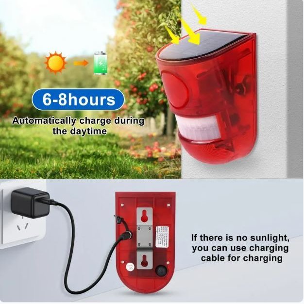 Solar Motion Sensor Alarm Light with Siren and Red LED Flashing, 800m Visibility | Motion Detector Device